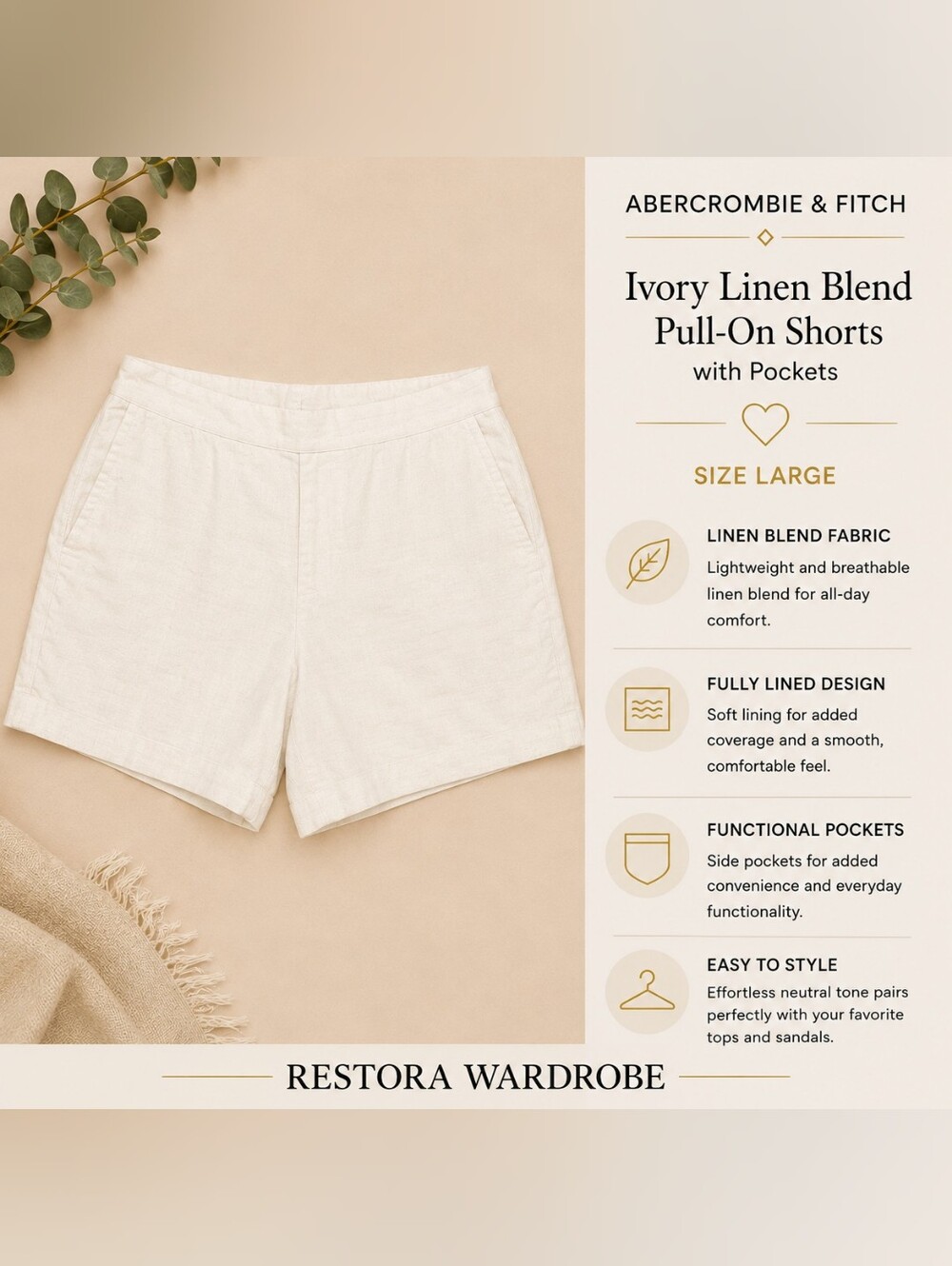 Abercrombie & Fitch Pull-On Shorts Ivory Linen Blend L Coastal